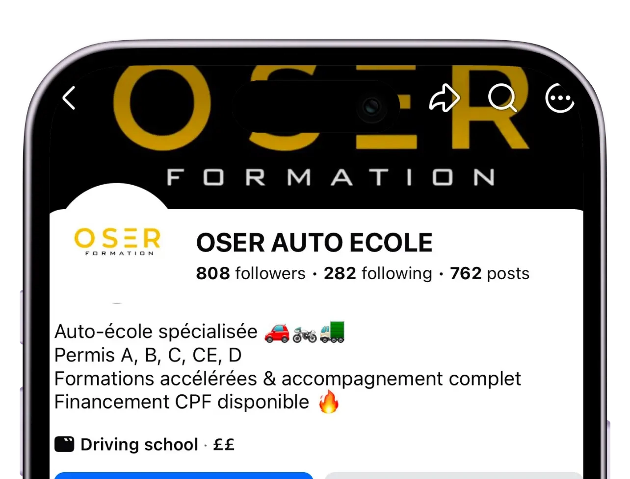 Profil Facebook d'OSER Auto Moto École